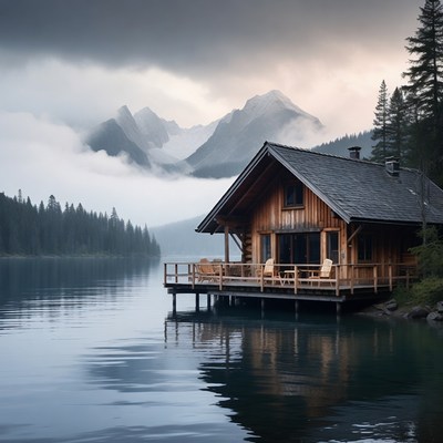 Wooden Cabin on Lake with Mountains