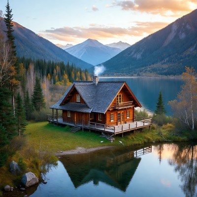 Wooden Cabin by Mountain Lake