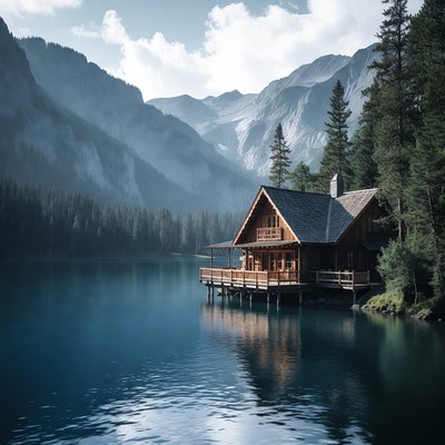 Wooden Cabin by Mountain Lake