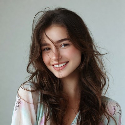 Smiling woman with wavy brown hair