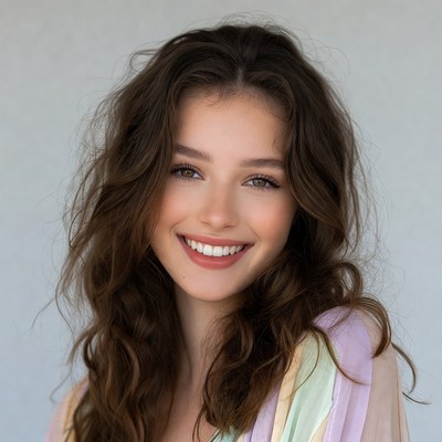 Smiling woman with wavy brown hair