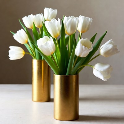 White Tulips in Gold Vases
