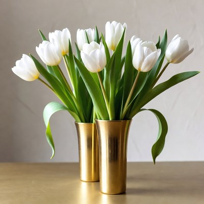 White Tulips in Gold Vases