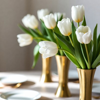 White Tulips in Gold Vases