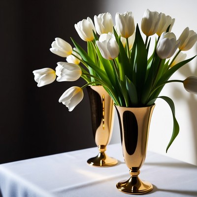 White Tulips in Gold Vases