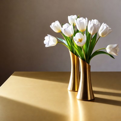 White Tulips in Gold Vases
