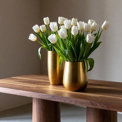 White Tulips in Gold Vases on Table