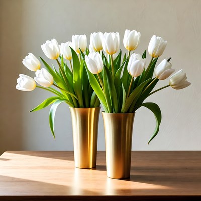 White Tulips in Gold Vases