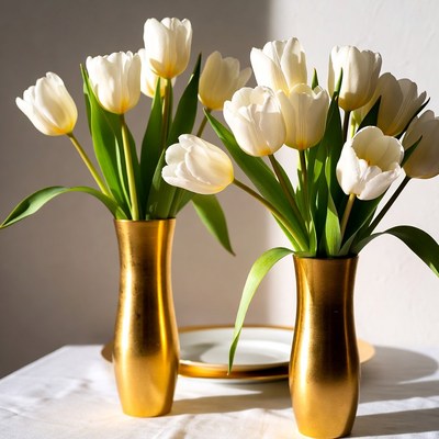 White Tulips in Gold Vases