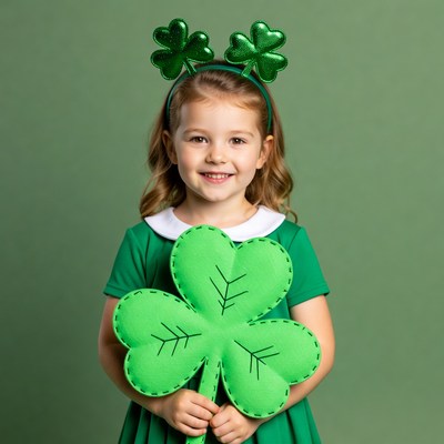 Girl in shamrock dress holding four-leaf clover