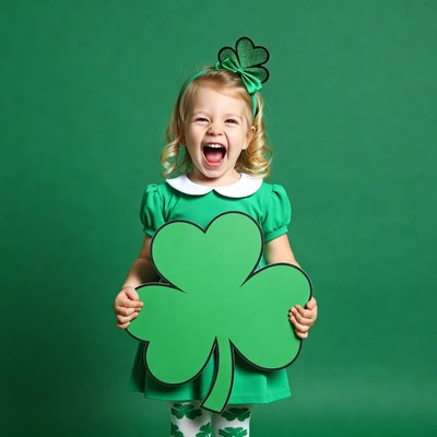 Girl holding shamrock on St. Patrick's Day