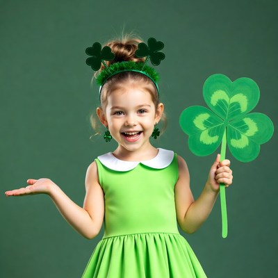 Girl holding shamrock on St. Patrick's Day