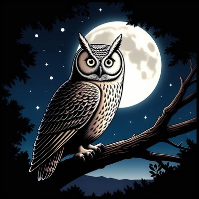 Owl perched on branch under moon