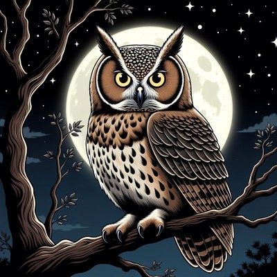 Owl perched on branch under moon