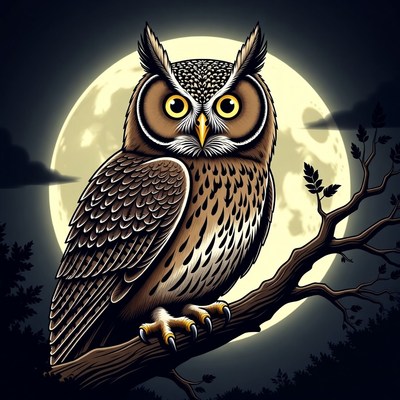 Owl perched on branch under full moon