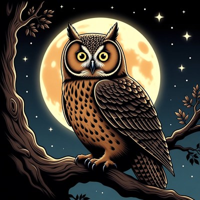 Owl perched on branch under full moon