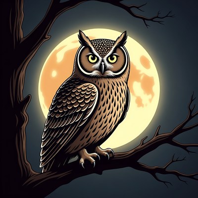 Owl perched on tree branch at night