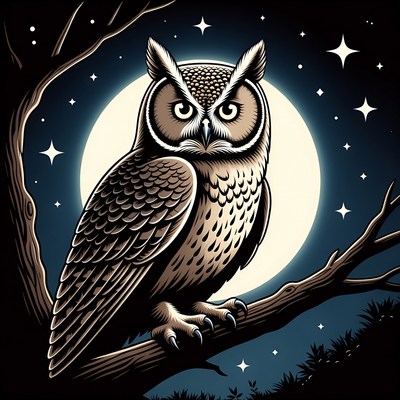 Owl perched on branch under moon