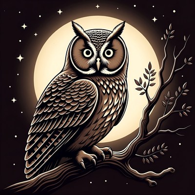 Owl perched on branch under full moon