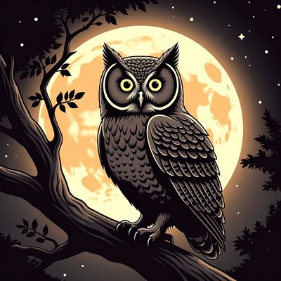 Owl perched on branch under full moon