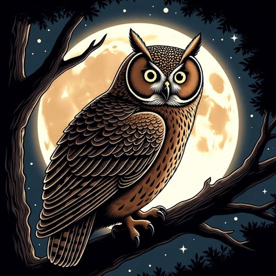 Owl perched on branch under moon