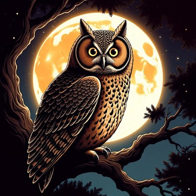 Owl perched on branch under full moon