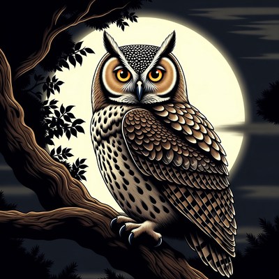 Owl perched on branch under full moon