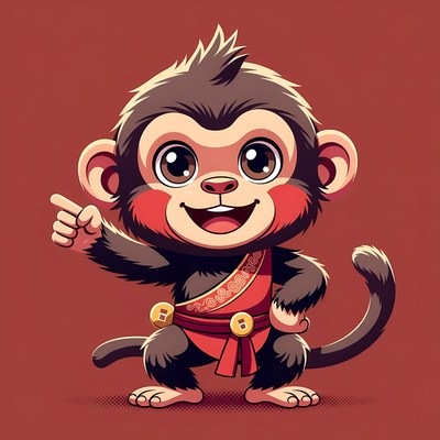 Cute cartoon monkey pointing happily