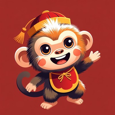 Cute monkey in red Chinese hat
