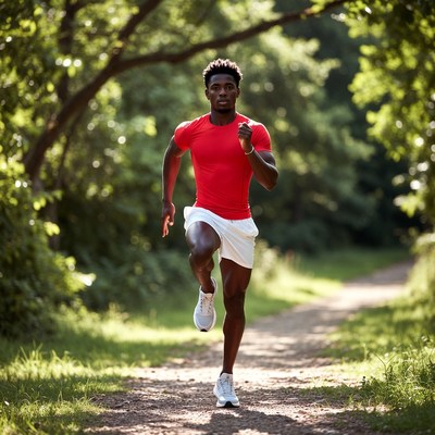 Black man running on forest trail