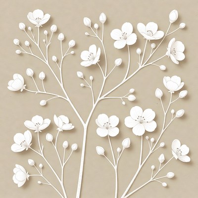 White Blossom Branches on Beige Background