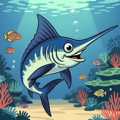 Cartoon Swordfish Swimming Underwater