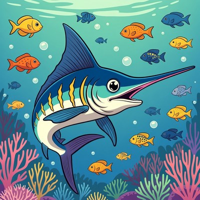 Cartoon Blue Marlin Among Tropical Fish