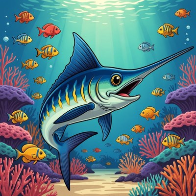 Cartoon Blue Marlin Swimming with Fish