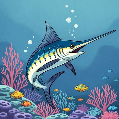 Cartoon Blue Marlin Swimming Underwater