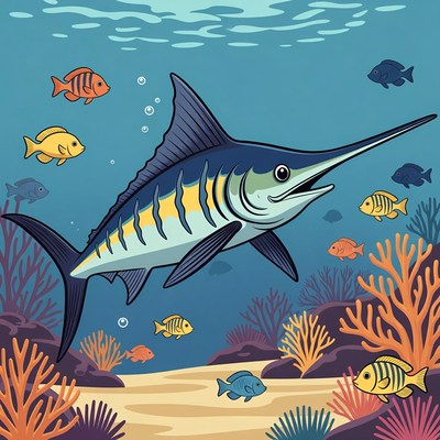 Cartoon Blue Marlin Swimming Underwater