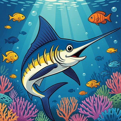 Cartoon Blue Marlin Swimming Underwater