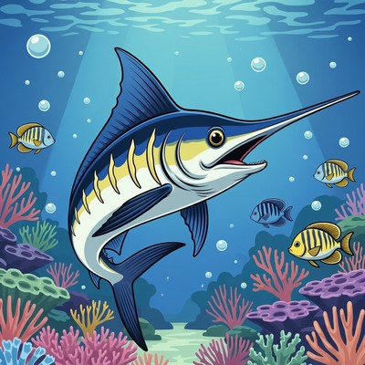 Cartoon Blue Marlin Swimming Underwater