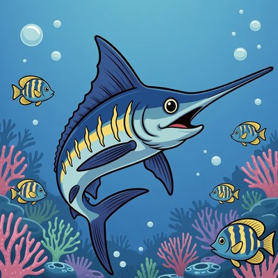Cartoon Blue Marlin Swimming Underwater