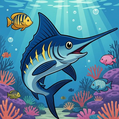 Cartoon Blue Marlin Swimming Underwater