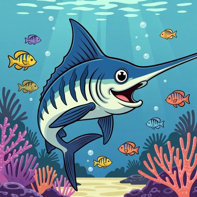 Cartoon Swordfish Swimming Underwater