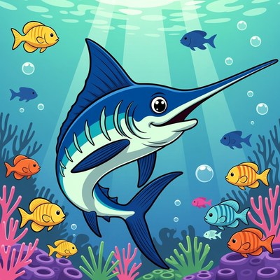 Cartoon Blue Marlin Swimming Underwater