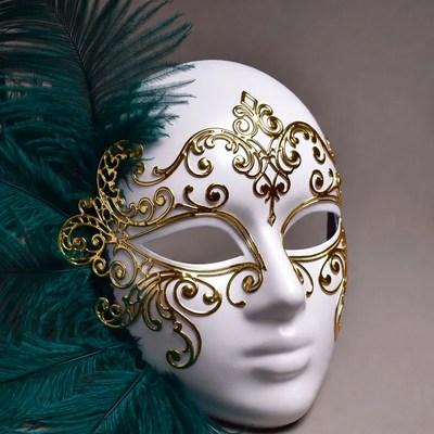 White Venetian Mask with Gold and Feathers