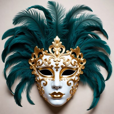 Gold Venetian Mask with Teal Feathers
