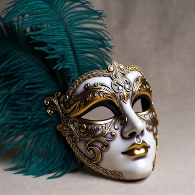 Gold Venetian Mask with Teal Feathers
