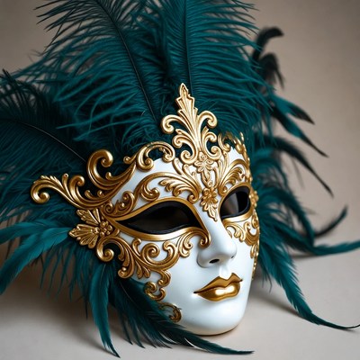 Teal Feathered Venetian Masquerade Mask