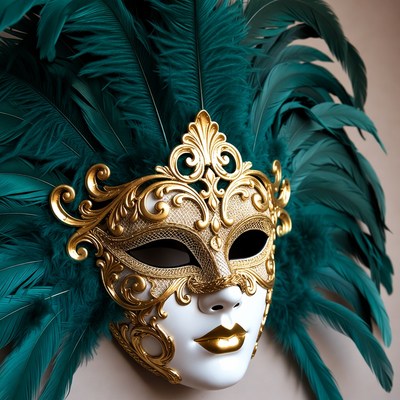 Gold Venetian Mask with Green Feathers