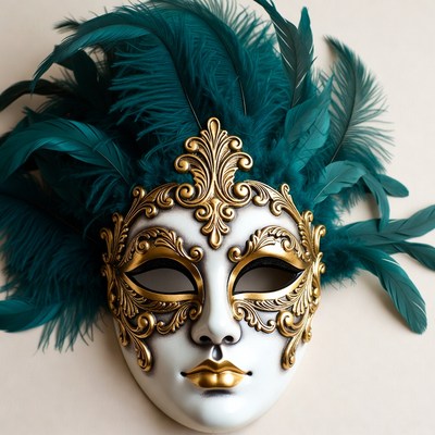 Teal Feathered Venetian Masquerade Mask