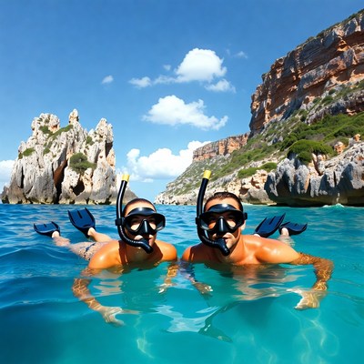 Couple snorkeling in clear blue sea