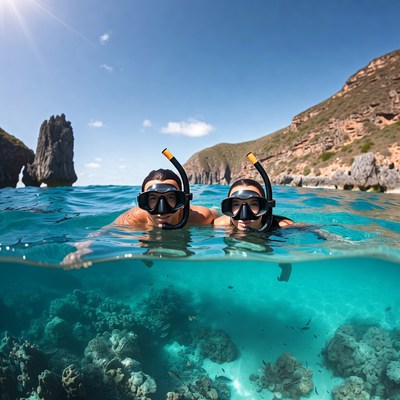 Couple snorkeling in clear ocean waters